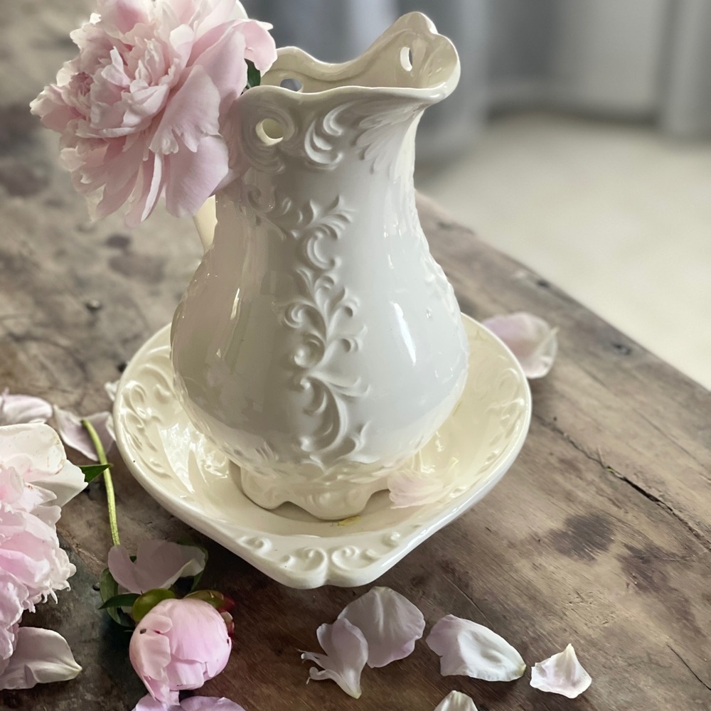 Elegant White Ceramic Pitcher with Floral Design